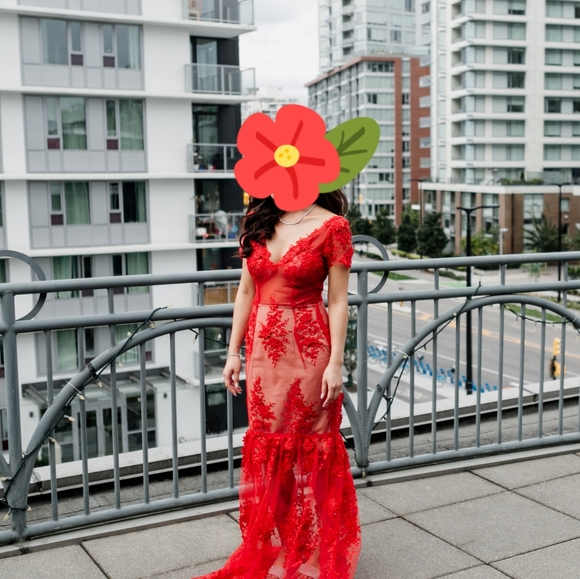 Custom red illusion lace mermaid evening dress gown - Picture 1 of 3